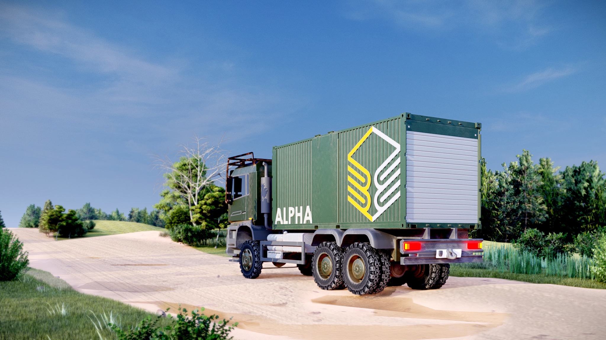 BuildingBloc Alpha container module on a truck in a landscape.