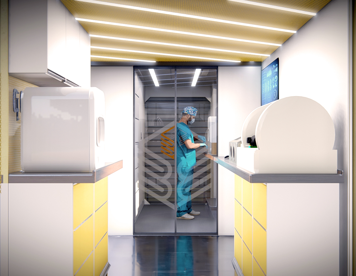 BuildingBloc modular interior with medical workstation and equipment.