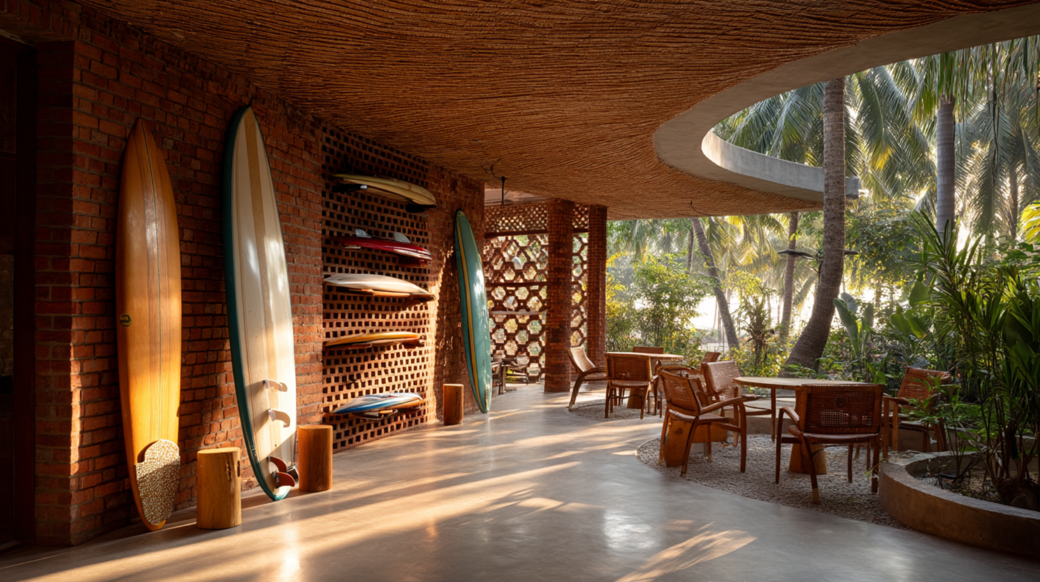 Cox’s Bazar Surf Hub interior concept with brick screen, concrete structure, surfboards, and woven shade.