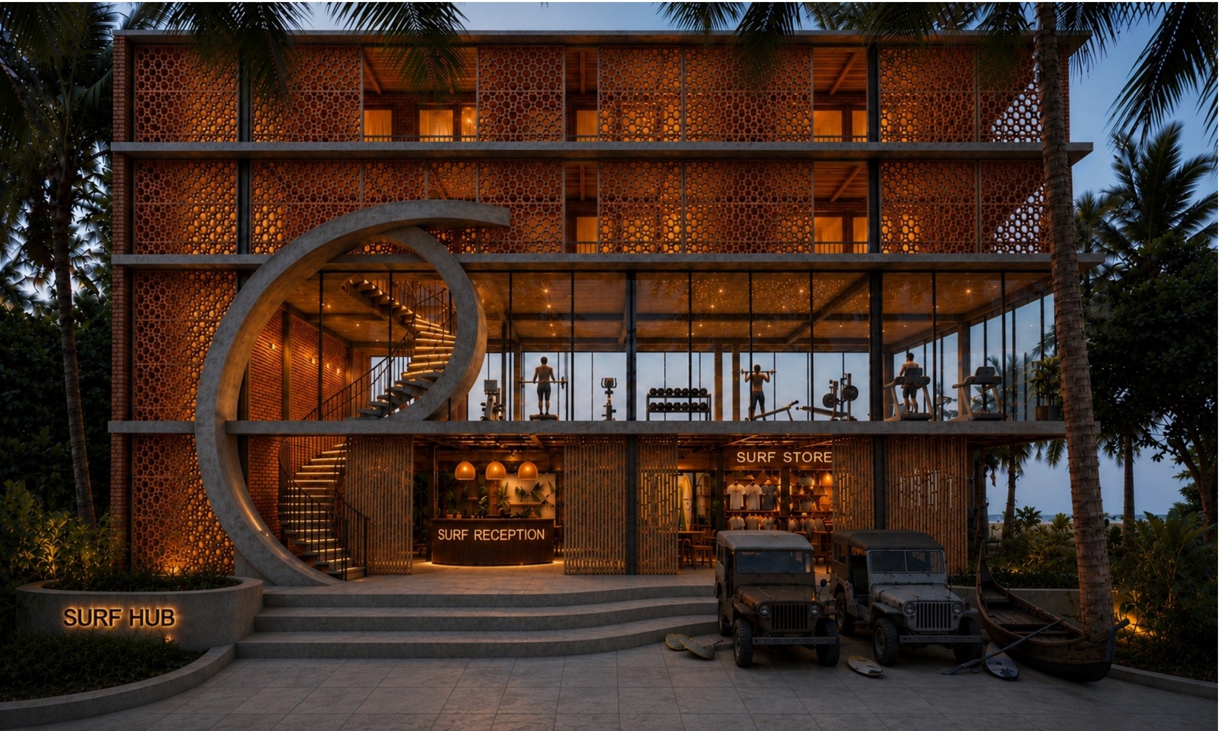Current concept direction for Cox’s Bazar Surf Hub with terracotta screens, crescent stair and shaded ocean frontage.