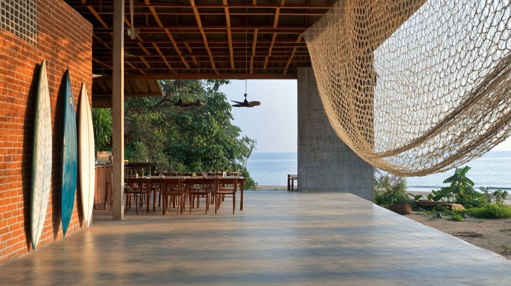 Open-air Cox’s Bazar Surf Hub concept with brick, concrete, fishing net canopy, surfboards, and ocean edge.