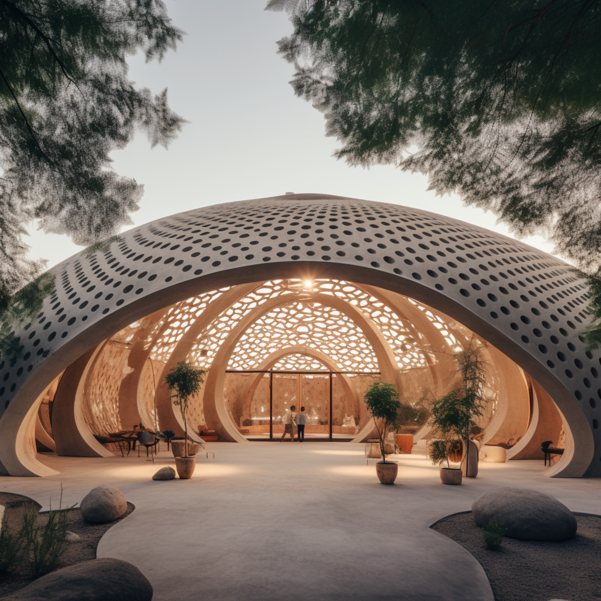 FT Ranch circular contemplative pavilion concept with perforated shell and warm light.