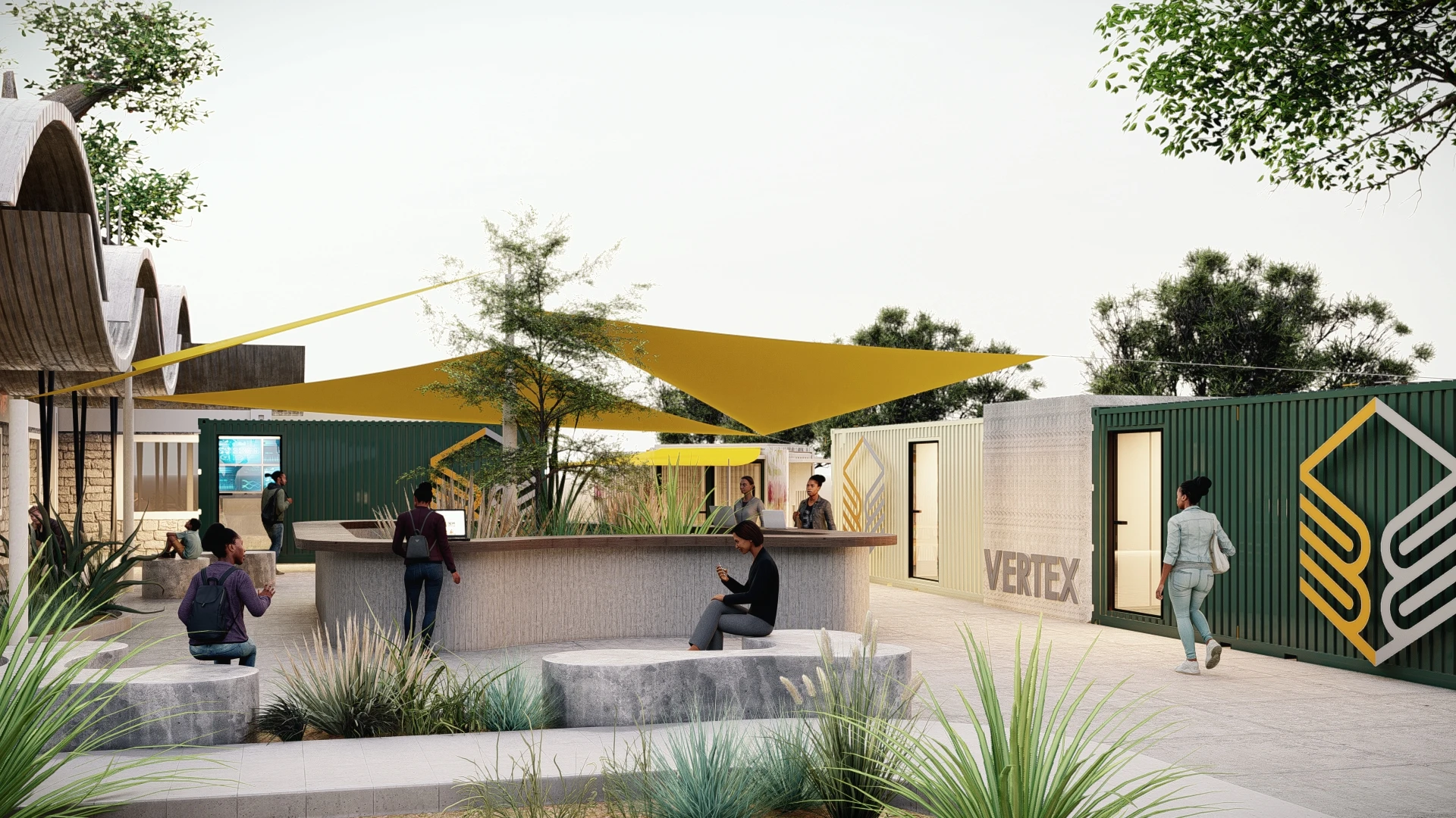 KIMSSEA modular campus concept with container buildings and gathering spaces.