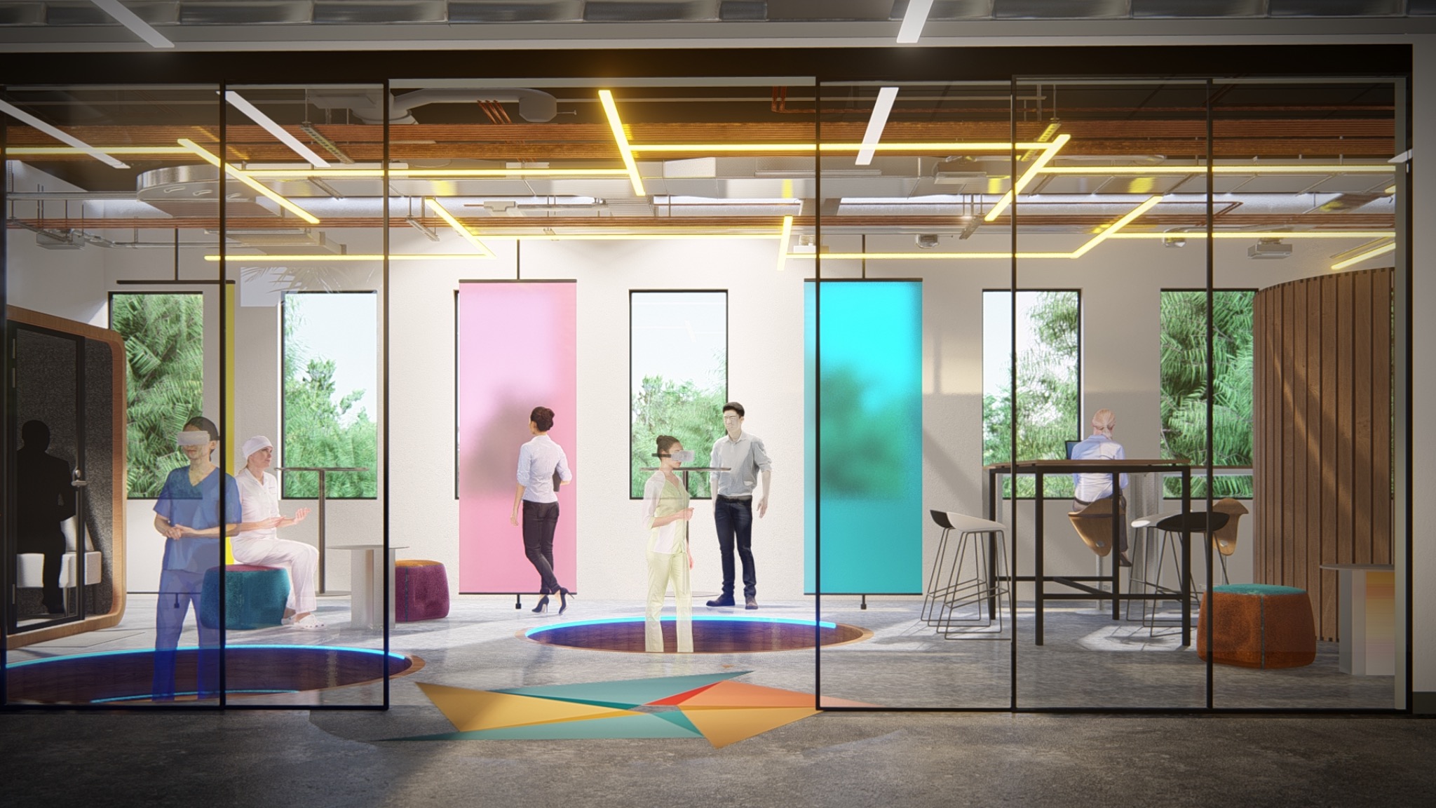 Innovation Lab interior concept with glass rooms, colored panels, and collaboration spaces.