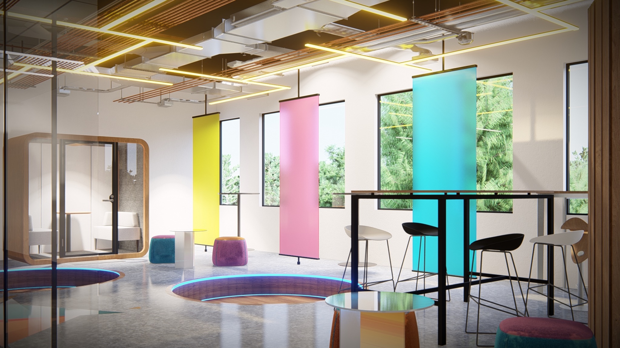 Innovation lab interior concept with work areas and warm ceiling lighting.
