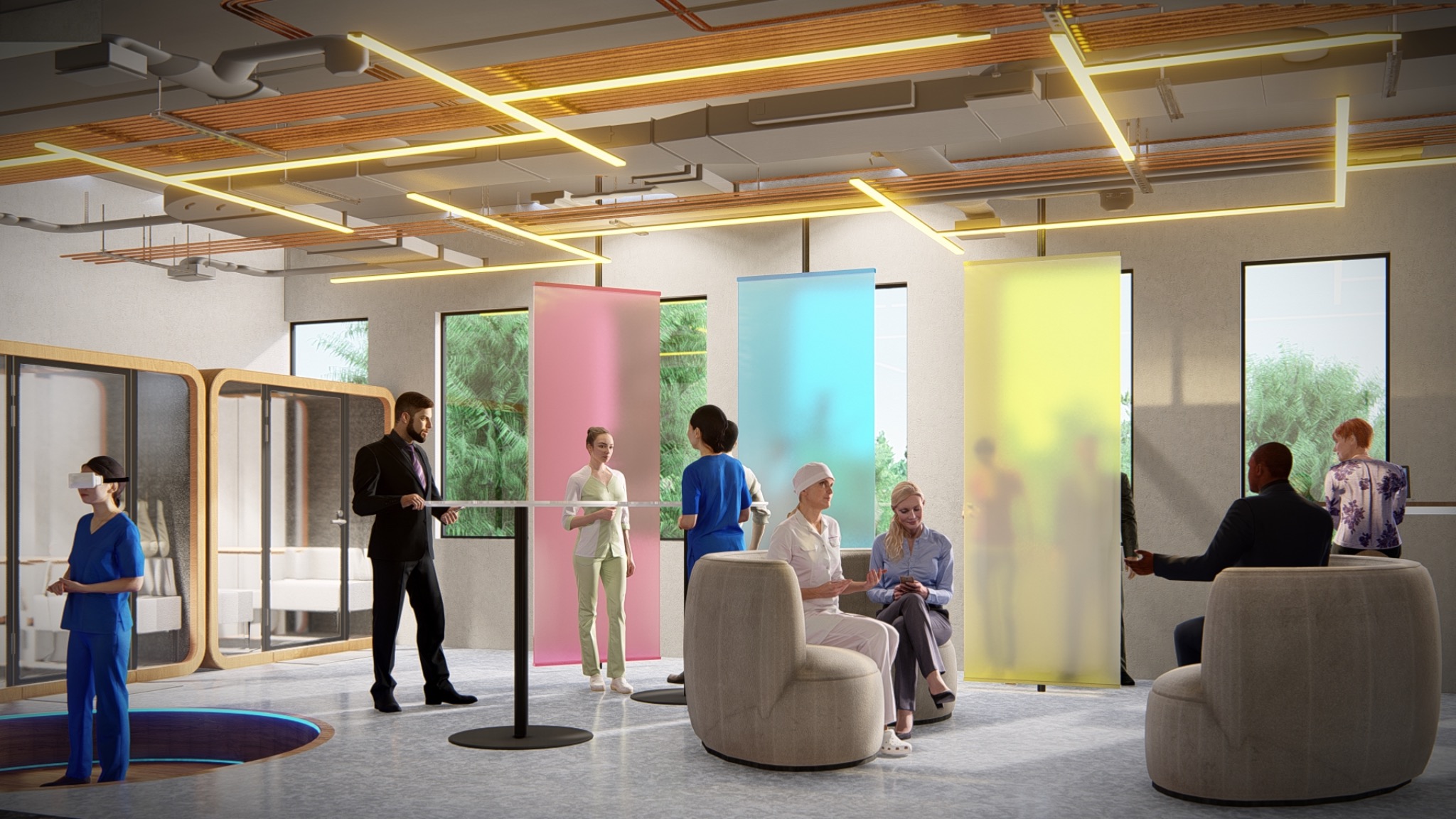 Innovation lab interior concept with colored panels, meeting areas, and people.
