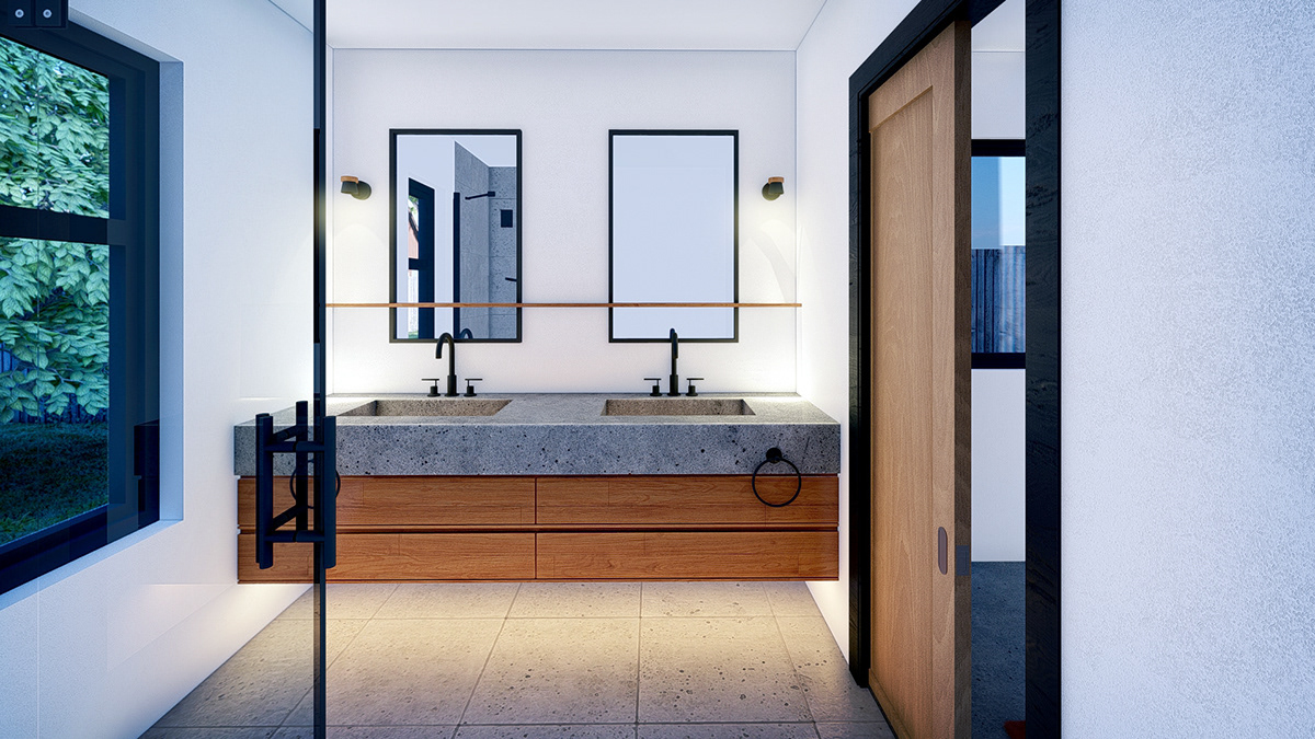 Linear narrow home hallway and bathroom concept with simple white walls, wood doors, and black fixtures.