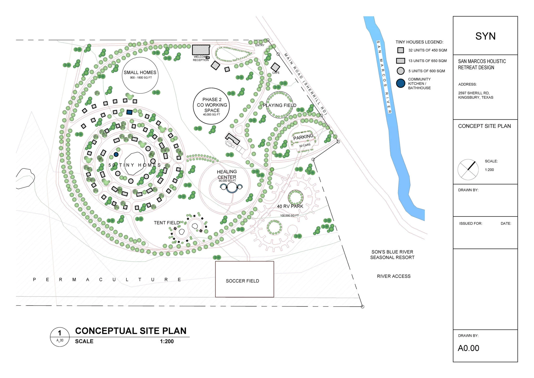 FT Ranch site plan and master plan study with circular paths, cabins, landscape zones, and retreat programming.