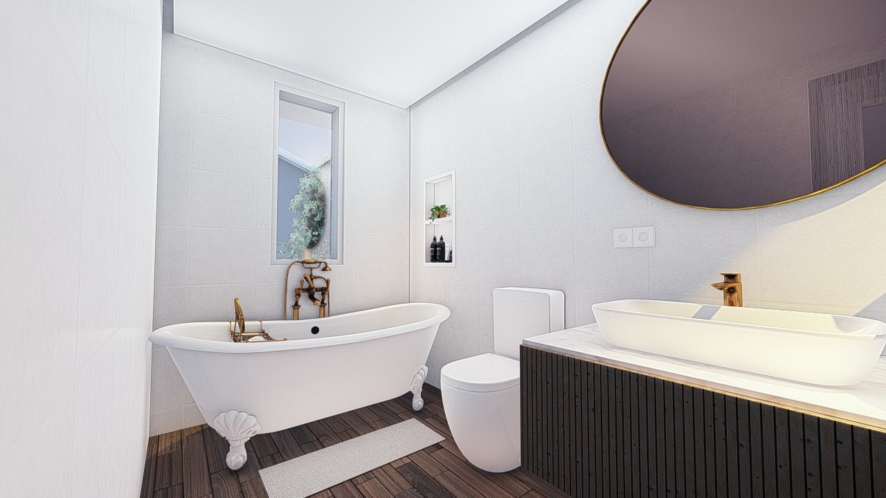 SolHaus bathroom with compact fixtures and clean material palette.