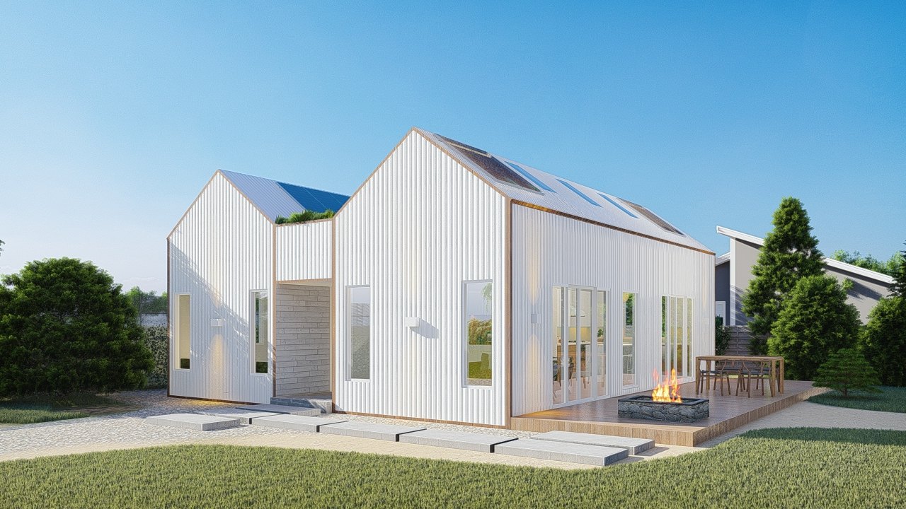SolHaus white gabled prefab family home exterior in daylight.