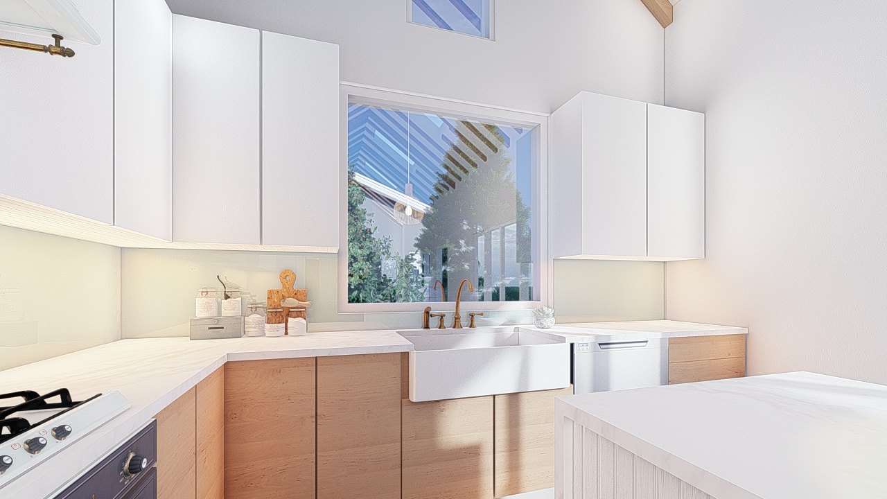 SolHaus kitchen with efficient storage and bright surfaces.