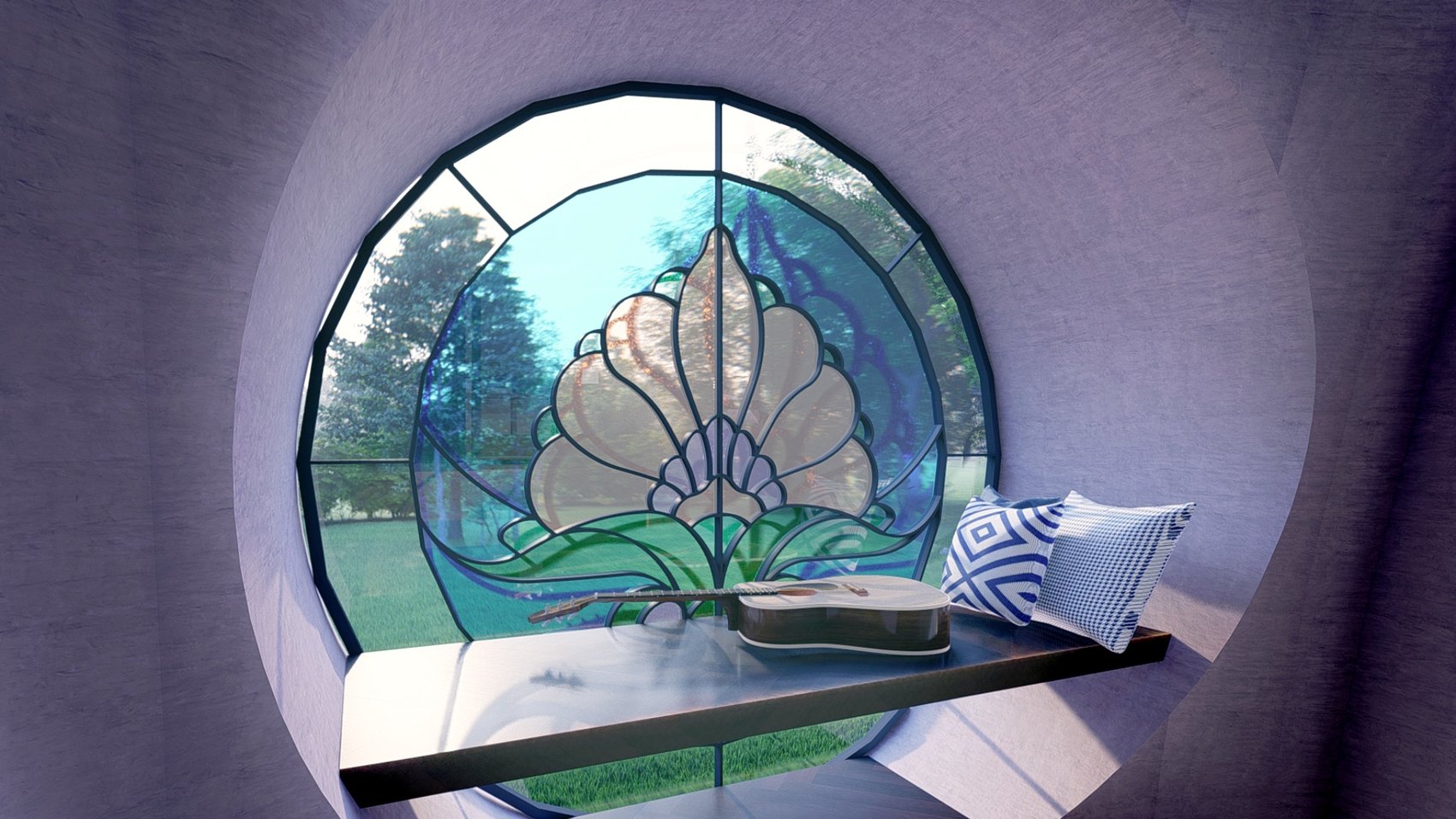 Veils window seat and curved interior wall.