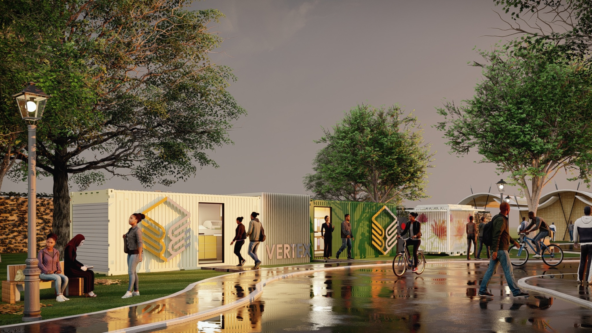 Vertex / KIMSSEA campus prototype with shaded courtyard, modular container buildings, and gathering spaces.