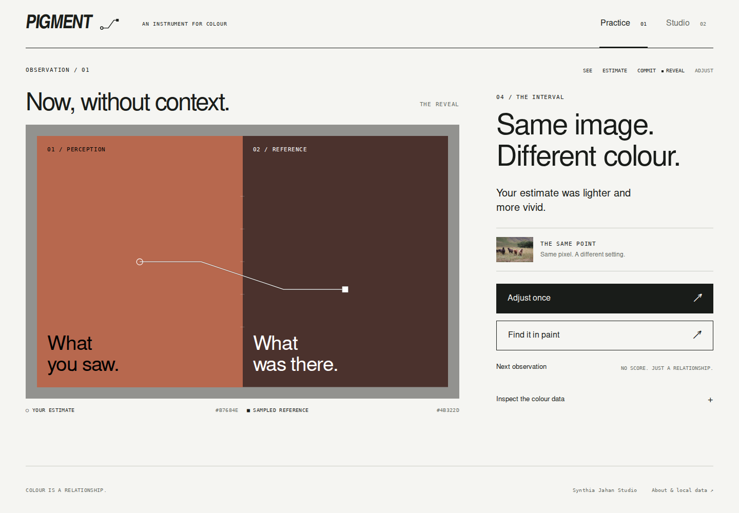 Pigment reveal screen comparing a committed estimate with the sampled reference colour