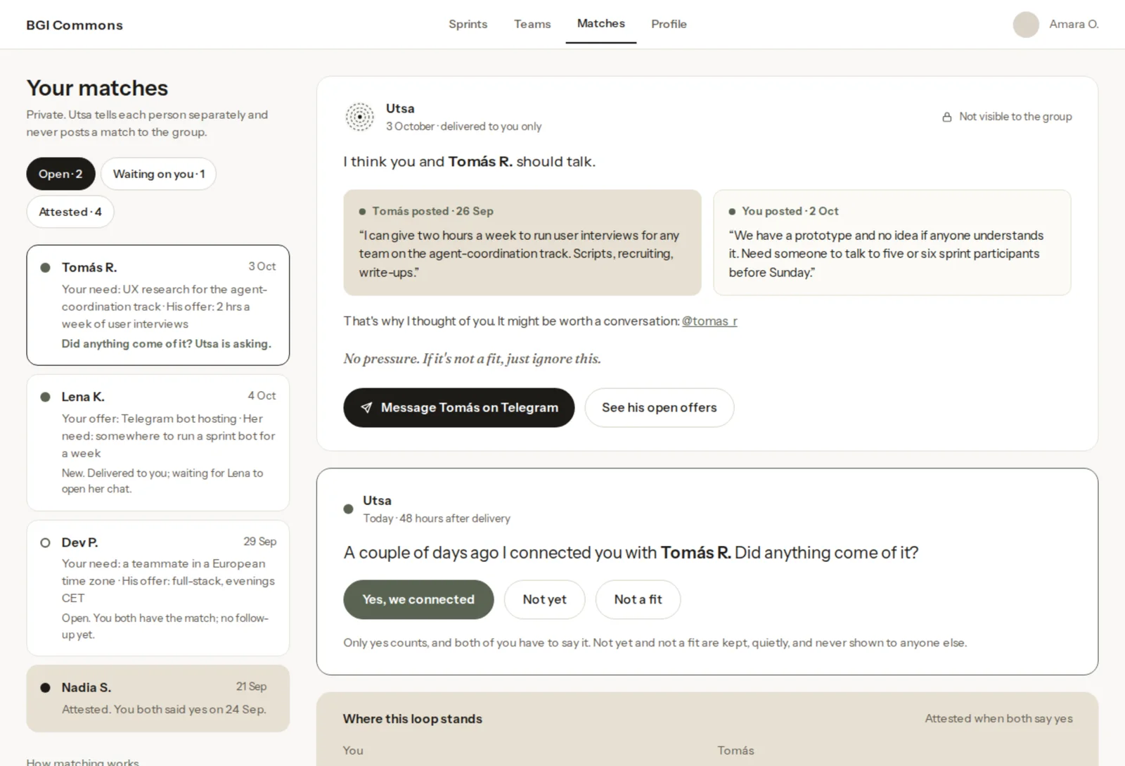 Concept: a private match inbox in the BGI Commons portal, showing a match with the reason quoted from both posts, a 48-hour follow-up asking whether anything came of it, and the loop status for both people.